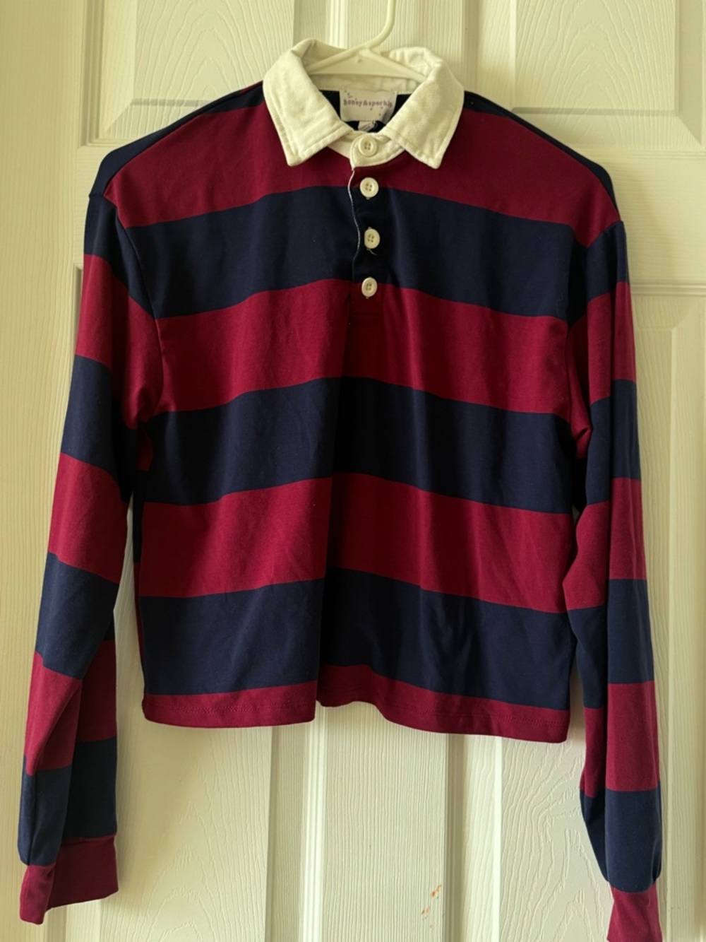 Girls Cropped style Striped Rugby Polo - Red & Navy with White Collar